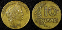 PERU Brass 1946/5  10 Centavos OVERDATE Thick planchet KM# 224.1 (25 031)