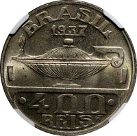 BRAZIL Oswaldo Cruz Copper-Nickel 1937 400 Reis NGC MS64 KM# 539 (028)