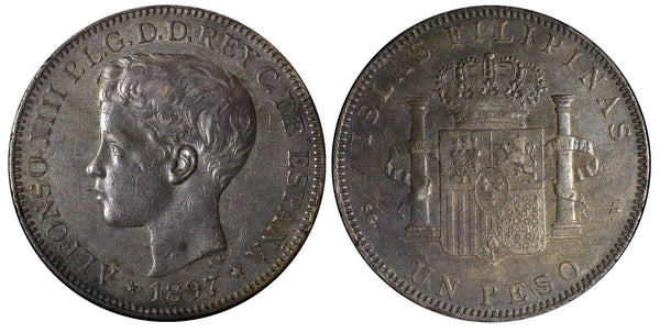 Philippines Alfonso XIII Silver 1897 Peso aUNC Nice Toned KM# 154 (28 103)