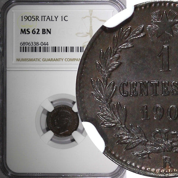 Italy Vittorio Emanuele III Bronze 1905 R 1 Centesimo NGC MS62 BN  KM# 35 (044)