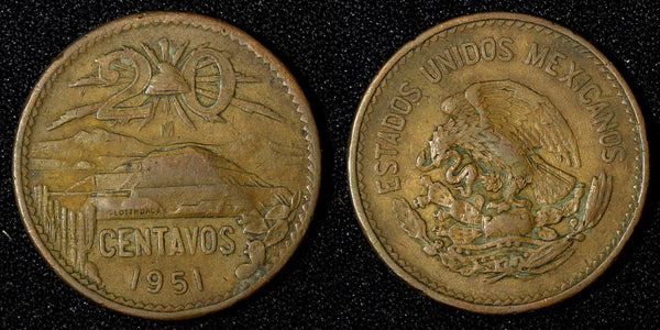 Mexico ESTADOS UNIDOS MEXICANOS Bronze 1951 Mo 20 Centavos SCARCE DATE KM#439(1)
