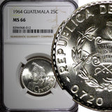 GUATEMALA Silver 1964 25 Centavos NGC MS66 GEM BU LAST YEAR KM# 263 (12)