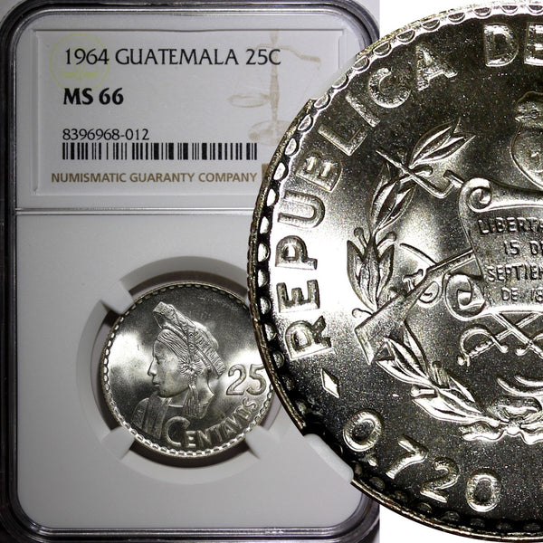 GUATEMALA Silver 1964 25 Centavos NGC MS66 GEM BU LAST YEAR KM# 263 (12)