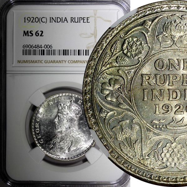 India-British George V Silver 1920 (C) Rupee NGC MS62 Calcutta Mint KM# 524 (06)