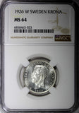 SWEDEN Gustaf V Silver 1926 W 1 Krona NGC MS64 ONLY 1 GRADED HIGHEST KM#786.2(3)