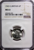 Great Britain George VI Silver 1943 6 Pence NGC MS61 KM# 852 (003)