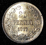 Finland  Silver 1917 S 25 Pennia Civil War Coinage GEM BU Nice Toned  KM#19 (28)