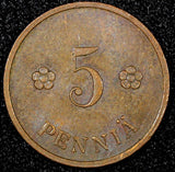 FINLAND Copper 1930 5 Penniä  UNC Toned KM# 22 (24 012)