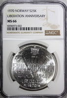 Norway Olav V Silver 1970 25 Kroner NGC MS66 Anniversary of Liberation KM#414(2)