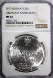 Norway Olav V Silver 1970 25 Kroner NGC MS66 Anniversary of Liberation KM#414(2)