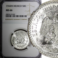 Mexico ESTADOS UNIDOS Silver 1944 M 50 Centavos NGC MS66 GEM BU KM# 447 (042)