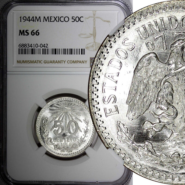 Mexico ESTADOS UNIDOS Silver 1944 M 50 Centavos NGC MS66 GEM BU KM# 447 (042)