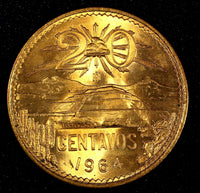 MEXICO  Bronze 1964 Mo 20 Centavos Red Toned GEM BU KM# 440 (27 371)