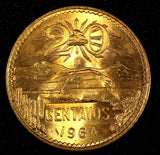 MEXICO  Bronze 1964 Mo 20 Centavos Red Toned GEM BU KM# 440 (27 371)