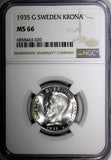 SWEDEN Gustaf V Silver 1935 1 Krona NGC MS66 GEM BU  KM# 786.2 (020)