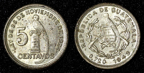 Guatemala Silver 1943 5 Centavos Philadelphia Mint UNC KM# 238.2 (28 124)