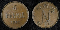 Finland Nicholas II Copper 1905 5 Penniä Mintage-620,000 BETTER DATE KM# 15  (1)