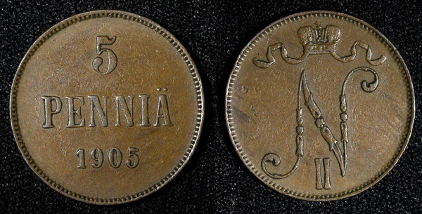 Finland Nicholas II Copper 1905 5 Penniä Mintage-620,000 BETTER DATE KM# 15  (1)
