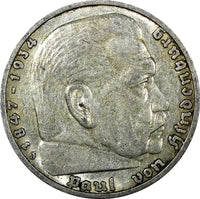 Germany - Third Reich Silver 1935 J 5 Reichsmark Hamburg Mint KM# 86 (25 126)