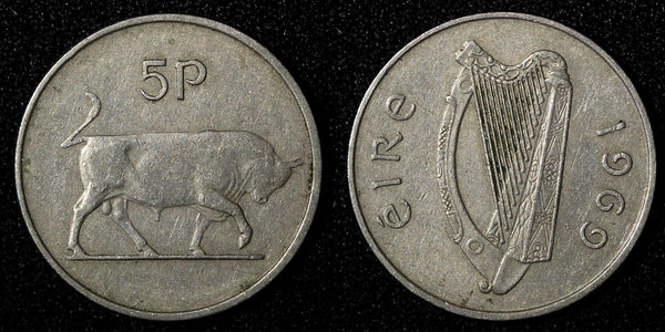Ireland Republic Copper-Nickel 1969 5 Pence Bull 1st Year Type KM# 22 (28 370)