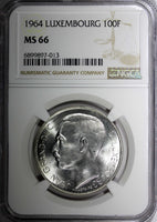 Luxembourg Jean Silver 1964 100 Francs Mintage-50,000 NGC MS66 BU KM# 54 (013)