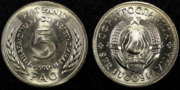 Yugoslavia 1970  5 Dinara FAO Mintage-500,000 GEM BU KM# 56 (24 281)
