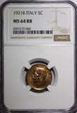 Italy Vittorio Emanuele III Bronze 1921 R 5 Centesimi NGC MS64 RB KM# 59 (009)