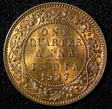 India-British George V Bronze 1927 (B) 1/4 Anna NICE TONED ch.UNC KM# 512 (238)