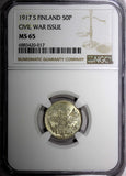 Finland Nicholas II Silver 1917 S 50 Penniä Civil War Issue NGC MS65 KM# 20 (17)