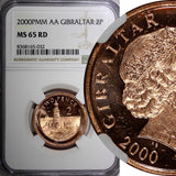 Gibraltar Elizabeth II 2000 2 Pence BU NGC MS65 RD FULL RED KM# 774 (032)
