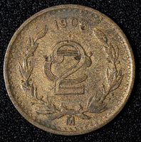MEXICO  Bronze 1906 2 Centavos 	Wide date  KM# 419 (27 891)
