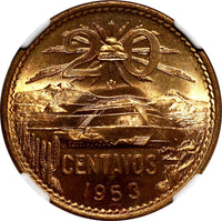 MEXICO Bronze 1953 20 Centavos NGC MS64 RD NICE FULL RED KM# 439 (012)