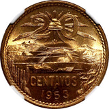 MEXICO Bronze 1953 20 Centavos NGC MS64 RD NICE FULL RED KM# 439 (012)