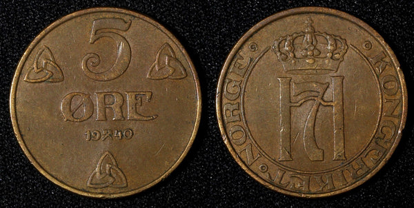 NORWAY Haakon VII Bronze 1940 5 Øre 27 mm  KM# 368 (27 620)