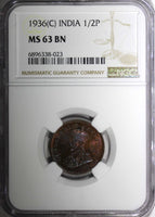 India-British George V Bronze 1936 (C) 1/4 Pice NGC MS63 BN RAINBOW KM#510 (23)