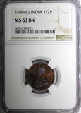 India-British George V Bronze 1936 (C) 1/4 Pice NGC MS63 BN RAINBOW KM#510 (23)