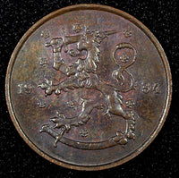 FINLAND Copper 1934 5 Penniä CHOICE UNC Toned KM# 22 (24 007)