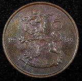 FINLAND Copper 1934 5 Penniä CHOICE UNC Toned KM# 22 (24 007)