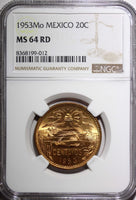 MEXICO Bronze 1953 20 Centavos NGC MS64 RD NICE FULL RED KM# 439 (012)