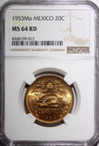 MEXICO Bronze 1953 20 Centavos NGC MS64 RD NICE FULL RED KM# 439 (012)