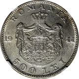 ROMANIA Mihai I Silver 1944 500 Lei WWII Issue 32mm NGC UNC DETAILS KM# 65 (19)