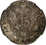 RUSSIA Catherine II Silver 1784 SPB 15 Kopecks NGC AU50 RARE C# 62c (017)