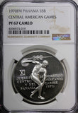 Panama Silver PROOF 1970 FM 5 Balboas NGC PF67 CAM.Central Americ.Games KM#28(9)