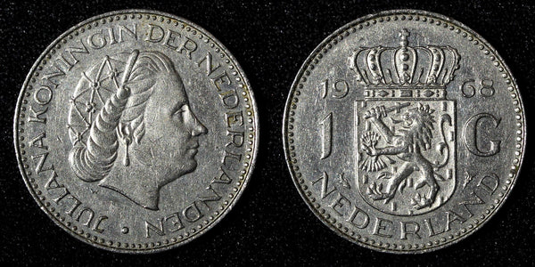 Netherlands Juliana Nickel  1968 1 Gulden 25 mm Royal Dutch KM# 184a  (27 939)