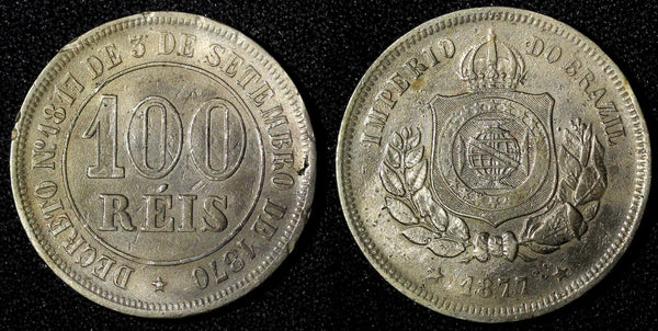 BRAZIL Pedro II  1877 100 Reis Rio de Janeiro BETTER DATE  XF KM# 477  (28 210)