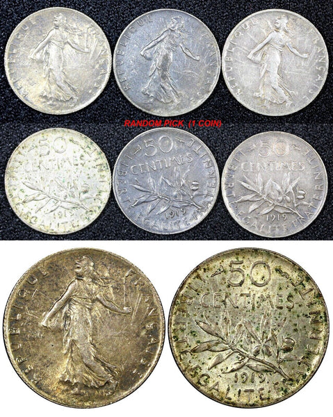 FRANCE Silver 1919 50 Centimes XF/aUNC KM# 854 RANDOM PICK (1 Coin)  (24 703)