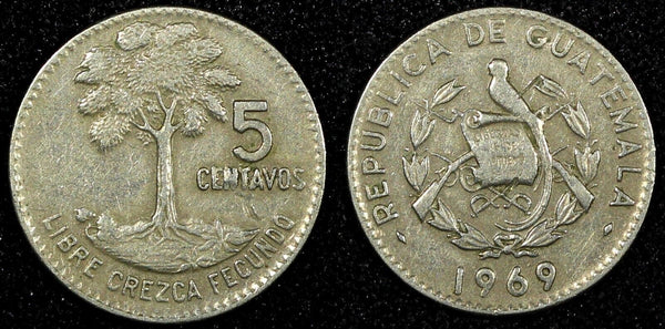 GUATEMALA Copper-Nickel 1969  5 Centavos Large date KM# 266.1 (24 554)