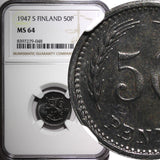 FINLAND Iron 1947 S  50 Penniä NGC MS64 TOP GRADED BY NGC KM# 26b (048)