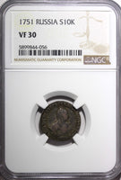 Russia Elizabeth Silver 1751 Grivennik 10 Kopecks NGC VF30 3 Dot's  RARE (056)