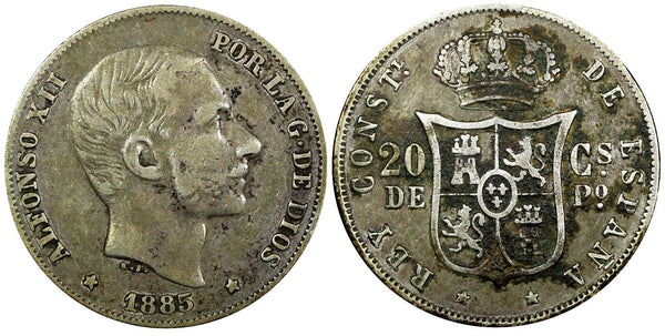 Philippines 	Alfonso XII Silver 1885 20 Centimos Manila Last Year KM# 149 (407)